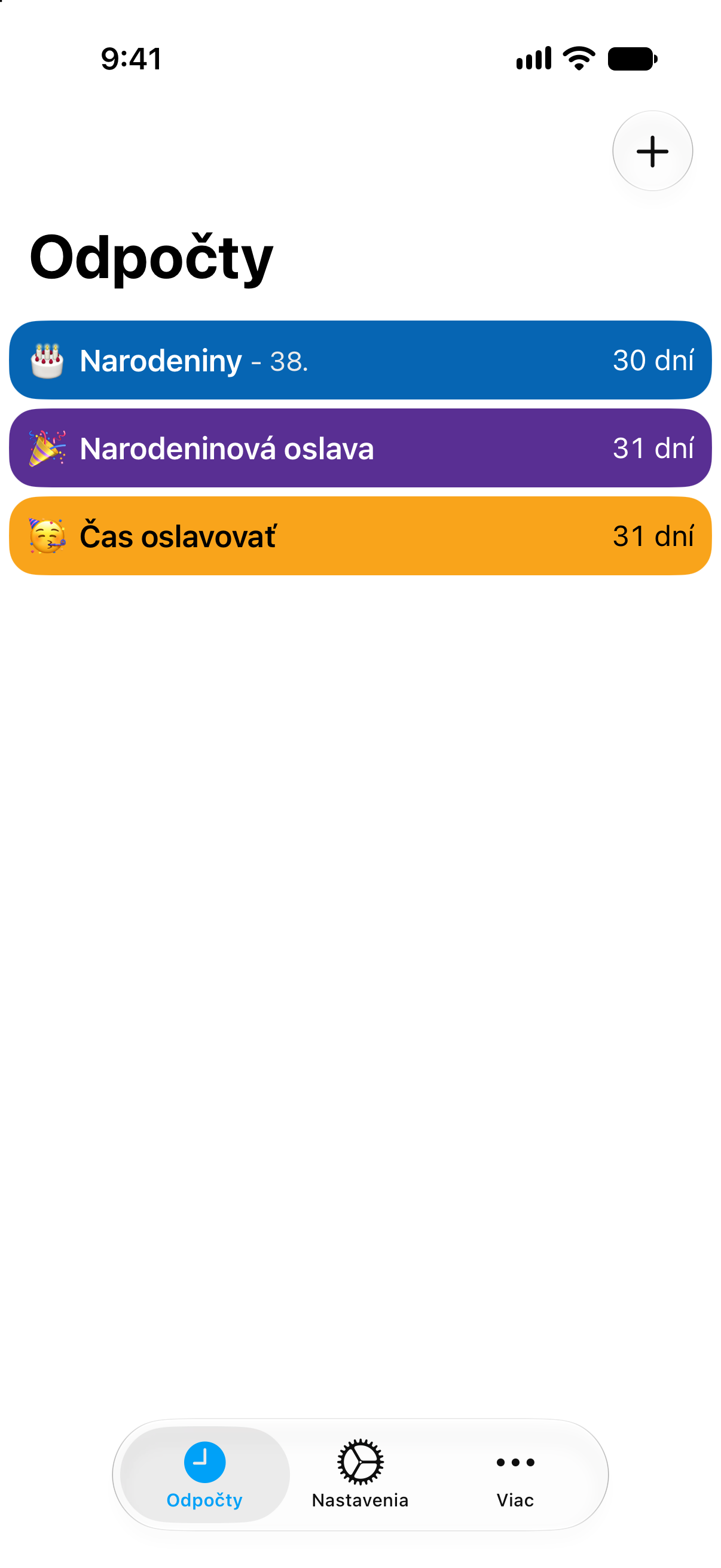 Farebné odpočítavania do narodenín a narodeninovej oslavy v aplikácii Odpočty.