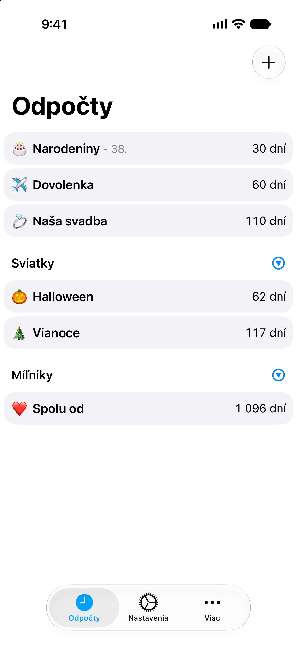 Kompaktný zoznam odpočítavaní v aplikácii Odpočty s viacerými udalosťami viditeľnými na prvý pohľad.