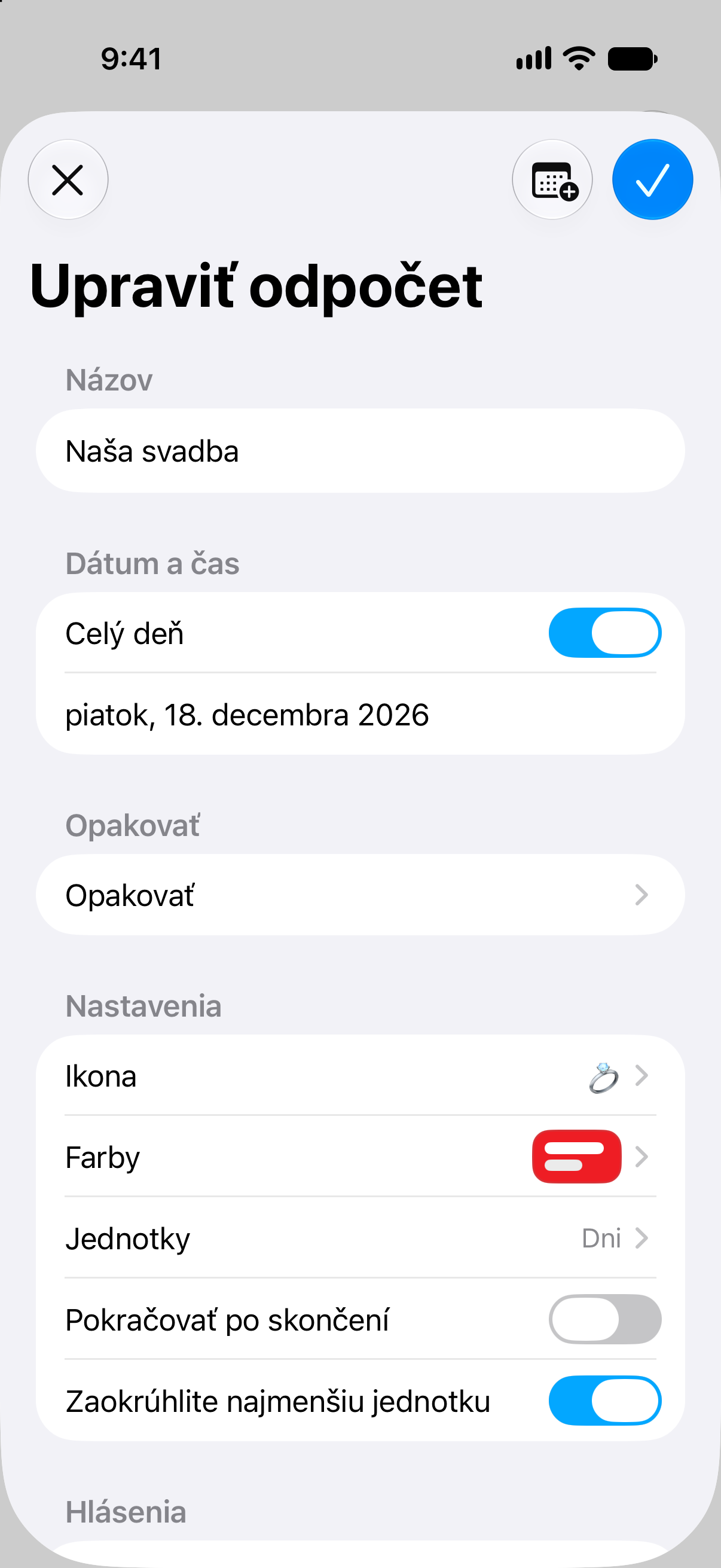 Editor odpočítavania v aplikácii Odpočty s názvom udalosti, dátumom a možnosťami prispôsobenia.