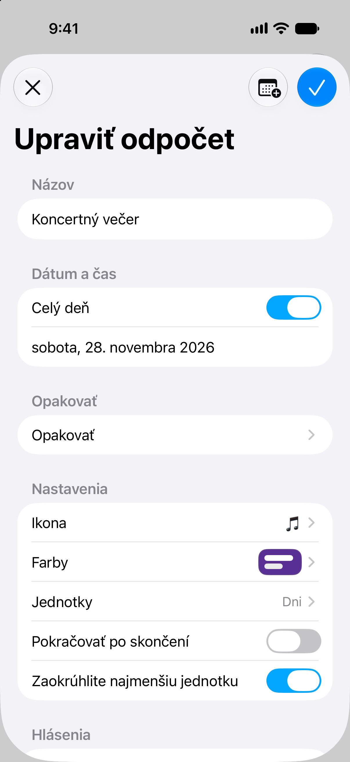 Editor udalosti v aplikácii Odpočty s dátumom a možnosťami prispôsobenia odpočítavania.
