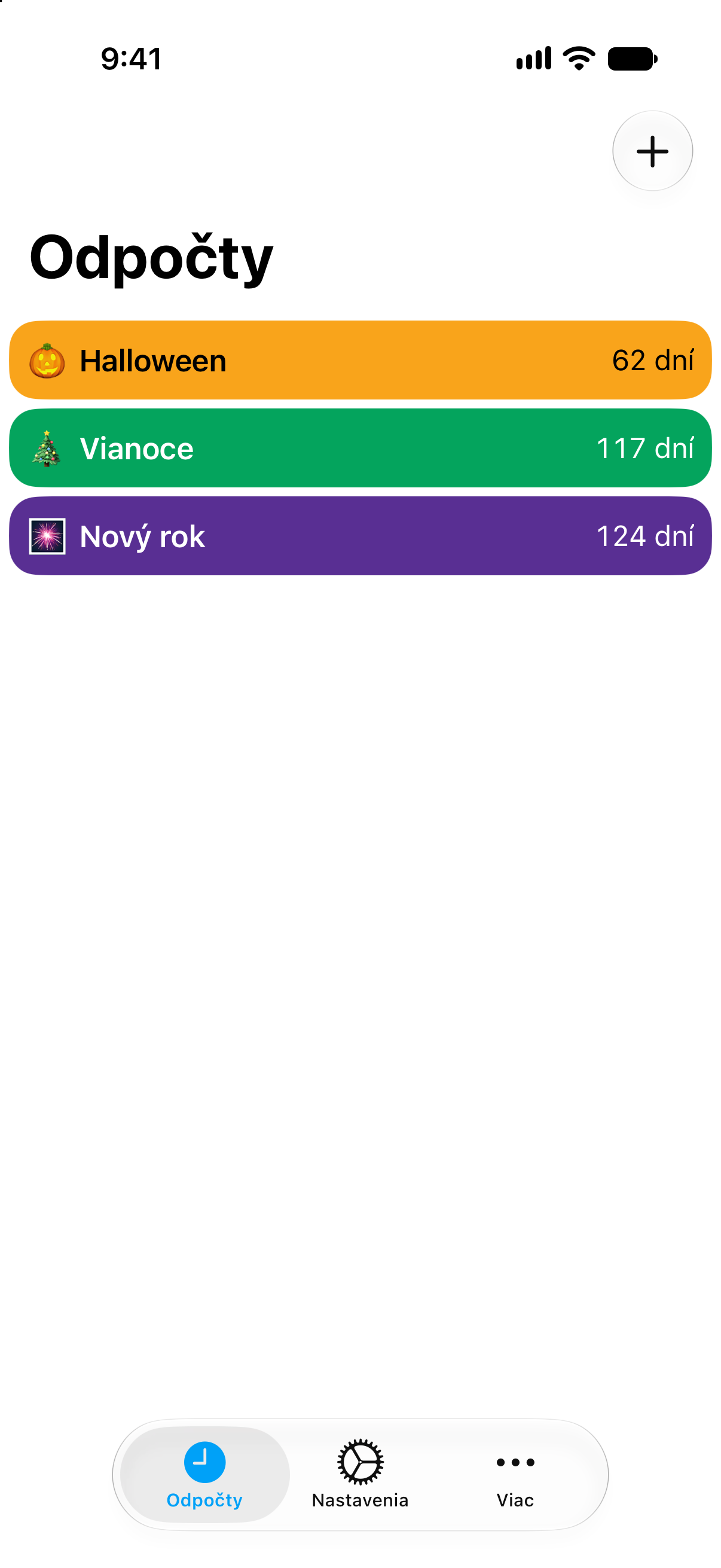 Farebné odpočítavania do sviatkov v aplikácii Odpočty.