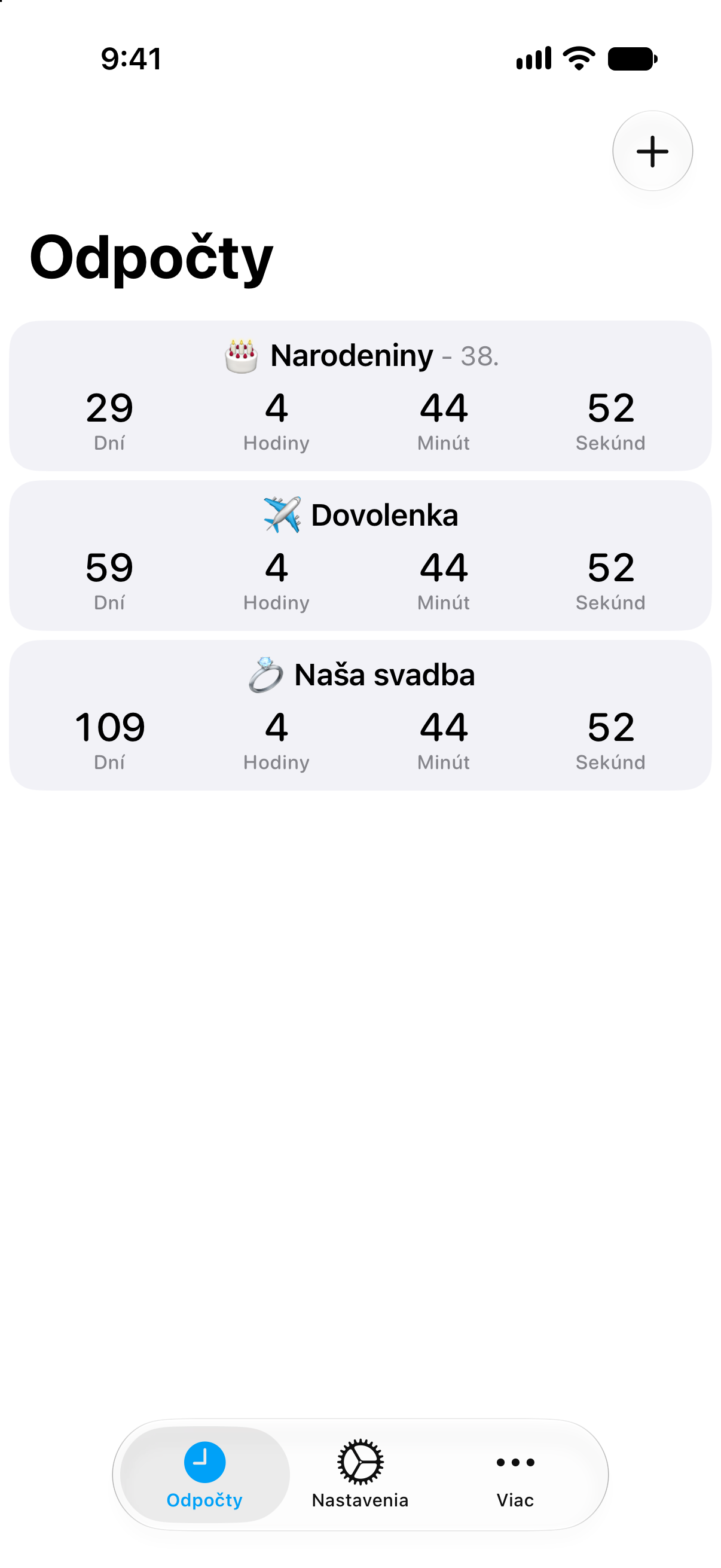 Podrobný zoznam odpočítavaní v aplikácii Odpočty s časom zostávajúcim do nadchádzajúcich udalostí.