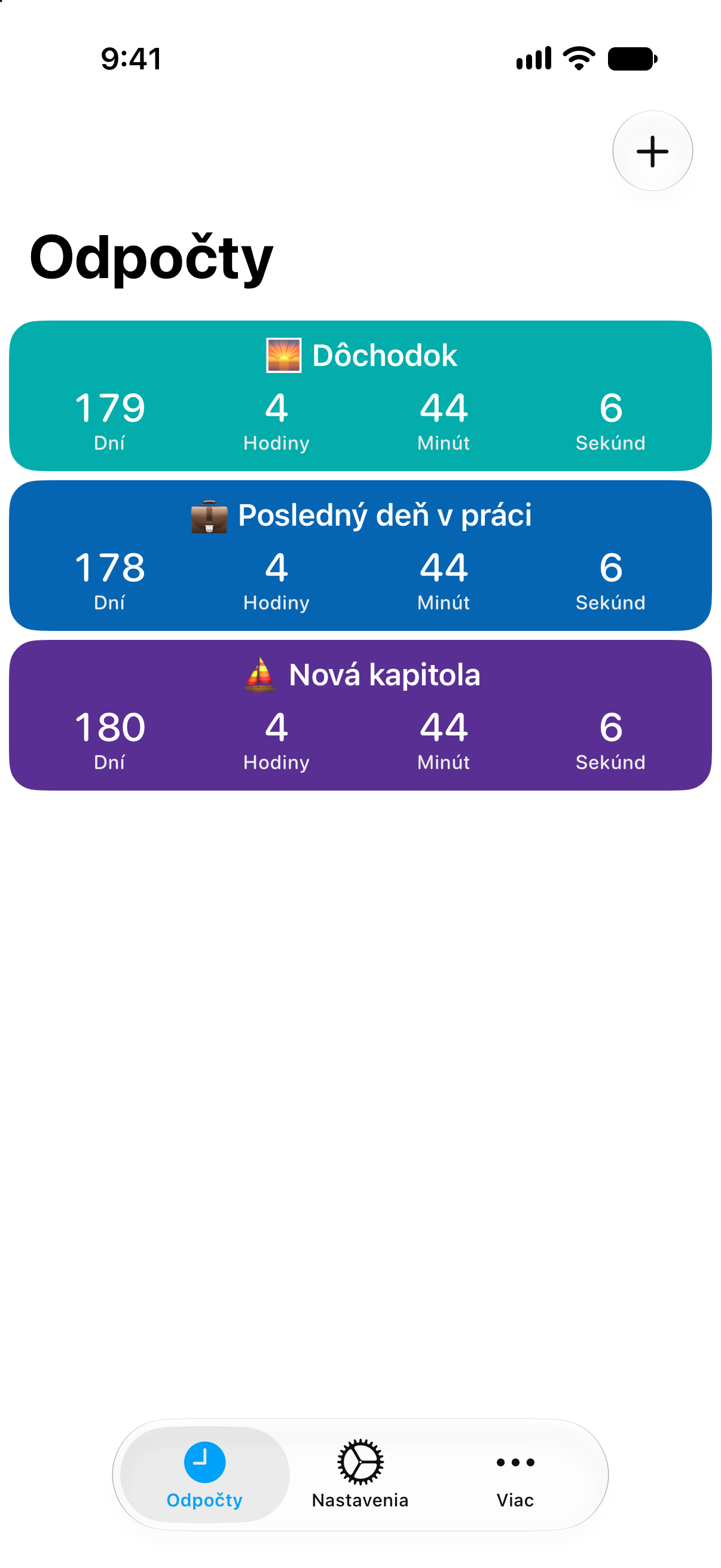 Podrobné odpočítavania do dôchodku a posledného dňa v práci v aplikácii Odpočty.
