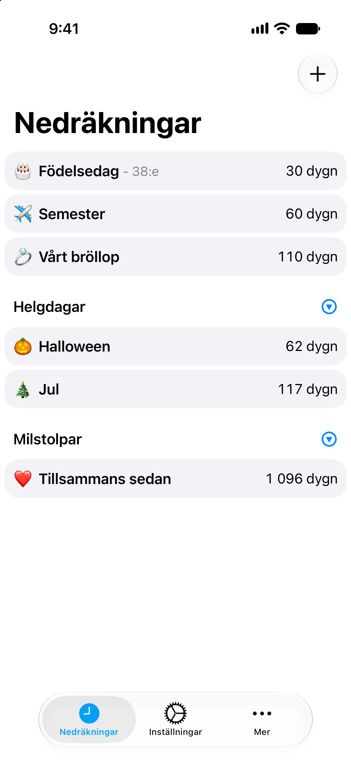 Kompakt nedräkningslista i Nedräkningar med flera händelser synliga på en gång.