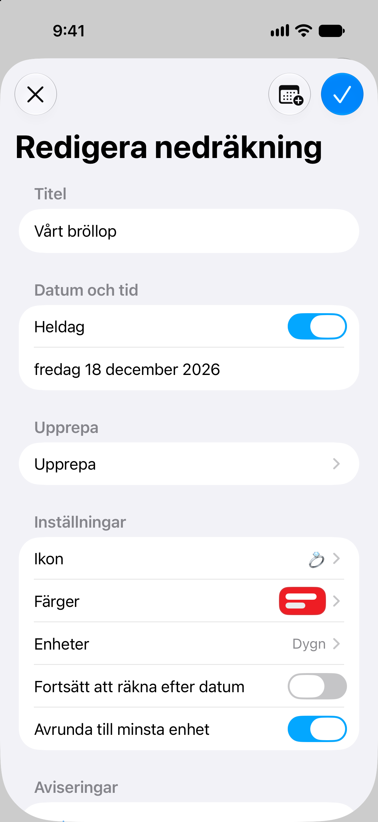 Redigering av en nedräkning i Nedräkningar med händelsens namn, datum och anpassningsalternativ.