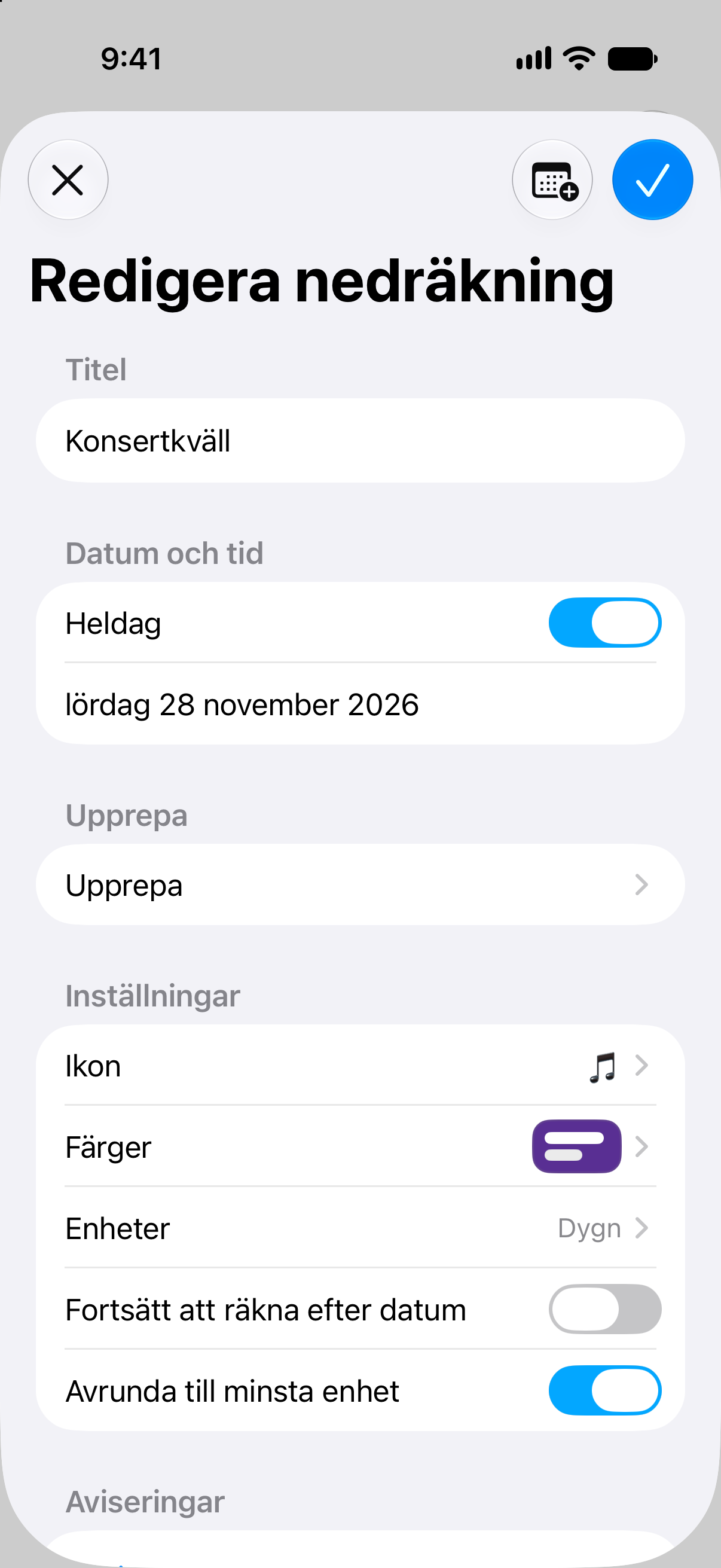 Redigering av en händelse i Nedräkningar med datum och alternativ för att anpassa nedräkningen.