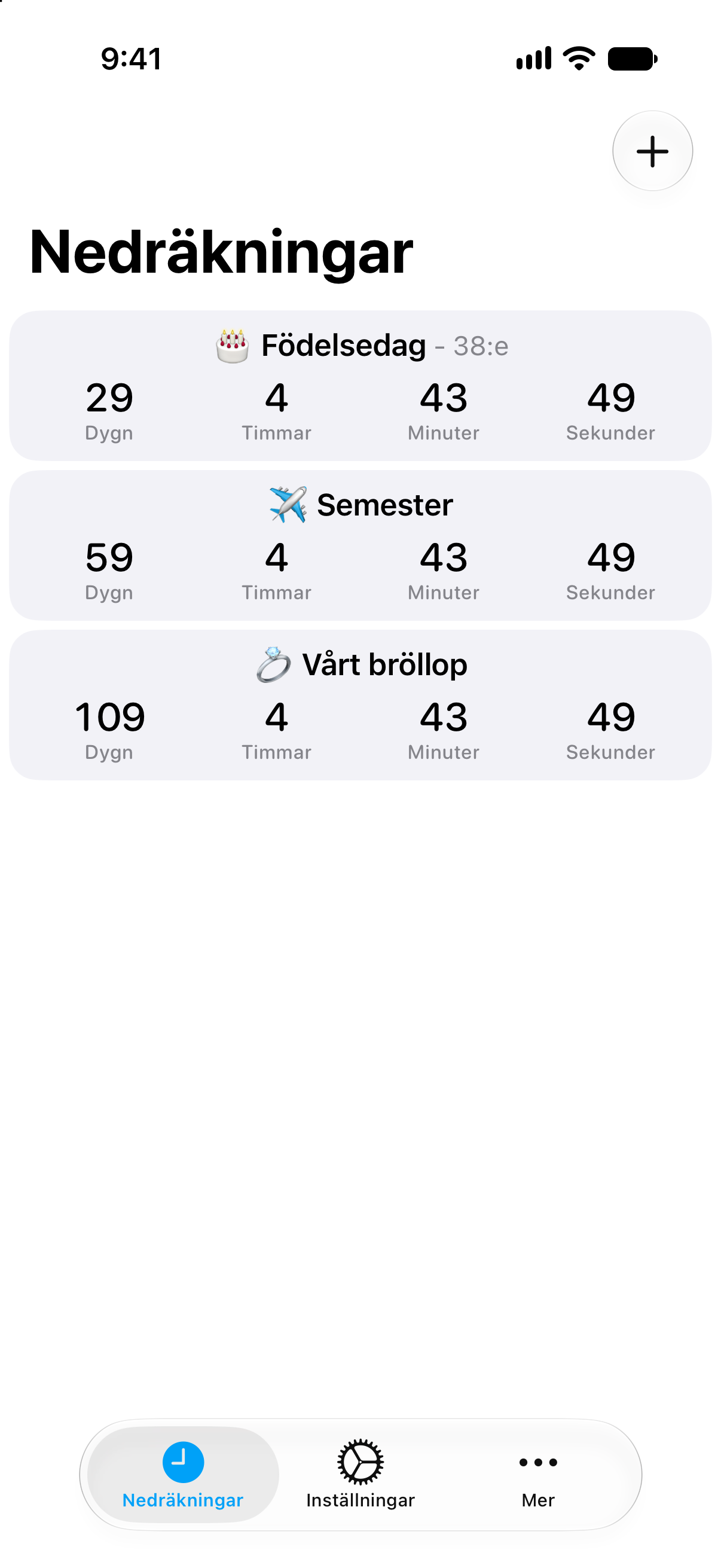 Detaljerad nedräkningslista i Nedräkningar med tiden fram till kommande händelser.