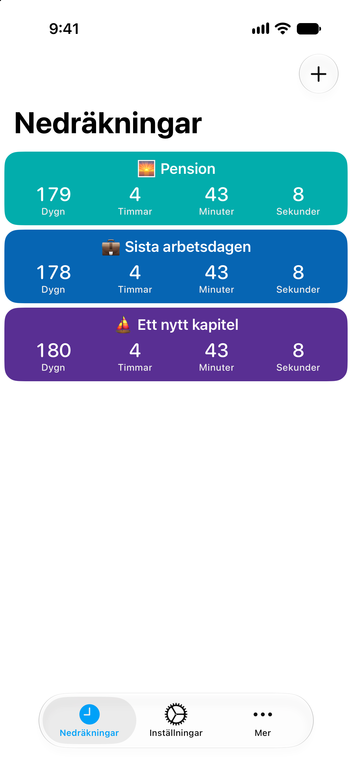 Detaljerade nedräkningar till pensionen och sista arbetsdagen i Nedräkningar.