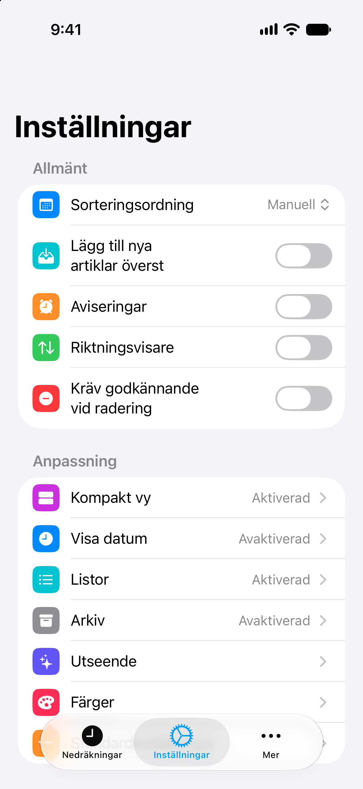 Inställningar i Nedräkningar som visar livstidsåtkomst till Pro.
