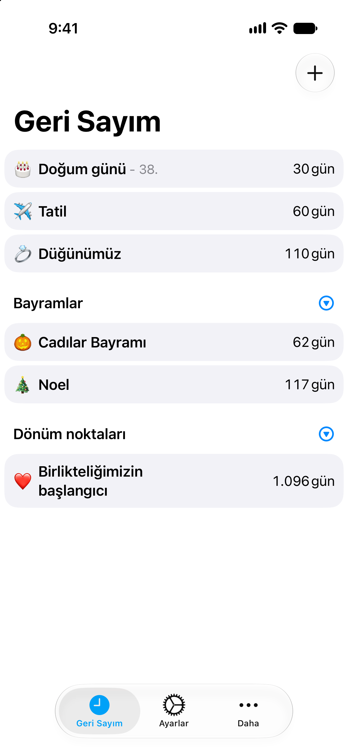 Birden fazla etkinliği bir bakışta gösteren kompakt Geri Sayım geri sayım listesi.