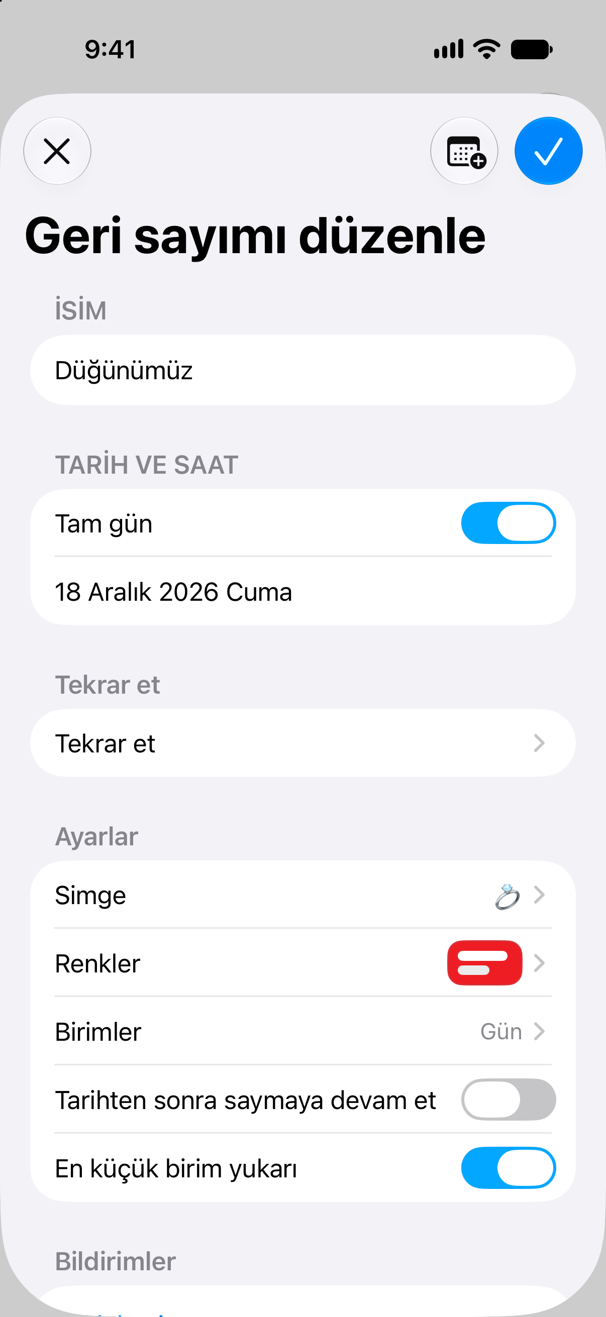 Etkinlik adı, tarih ve özelleştirme seçeneklerini gösteren Geri Sayım geri sayım düzenleyicisi.