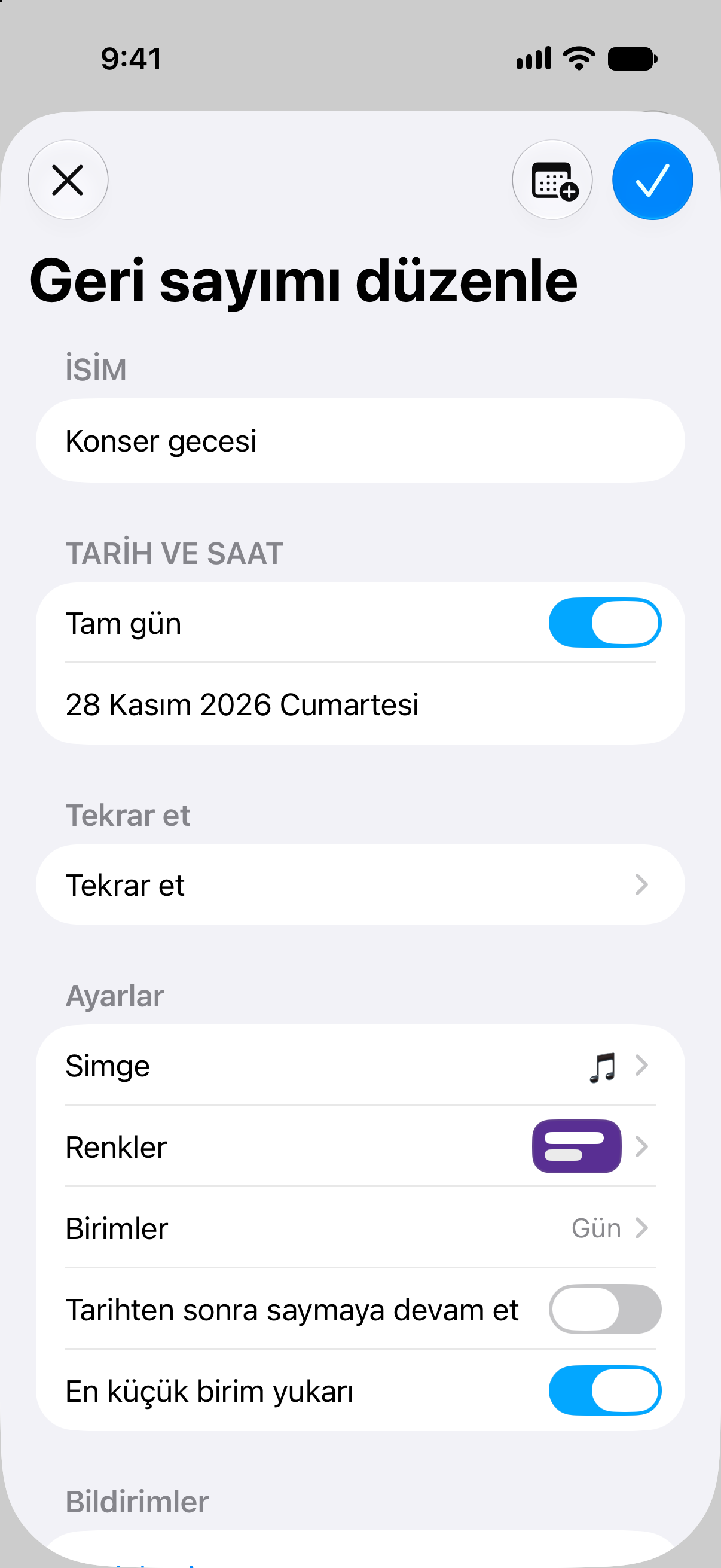 Tarih ve geri sayım özelleştirme seçeneklerini gösteren Geri Sayım etkinlik düzenleyicisi.
