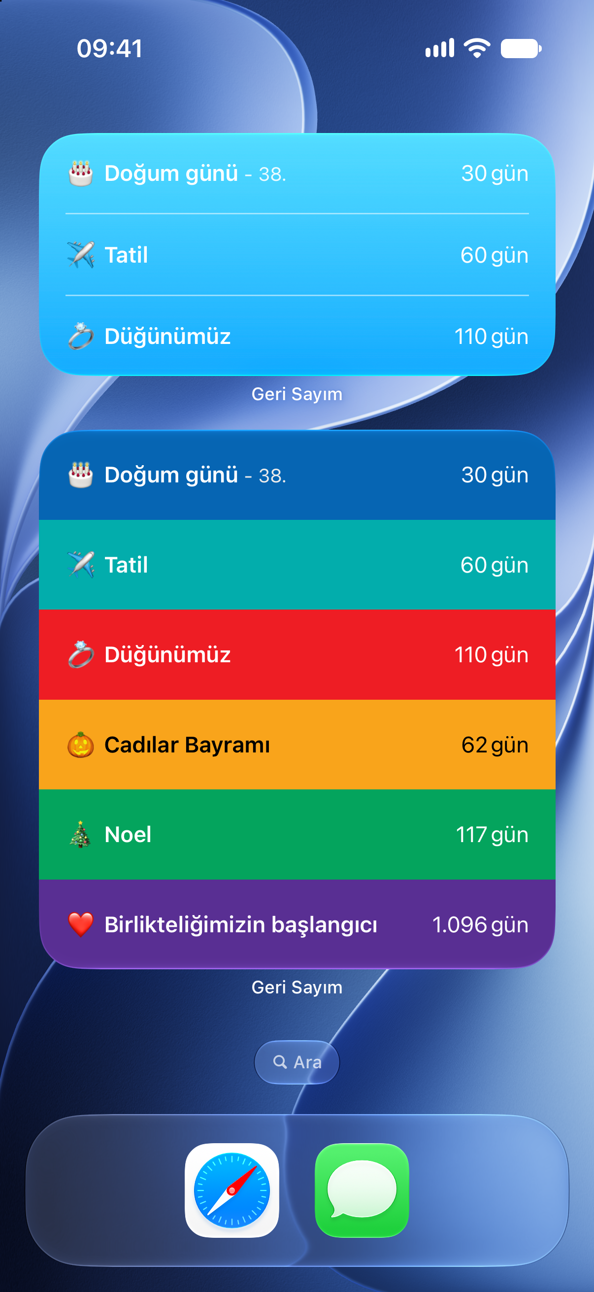 iPhone Ana Ekranında yaklaşan etkinliklere kalan süreyi gösteren Geri Sayım araç takımları.