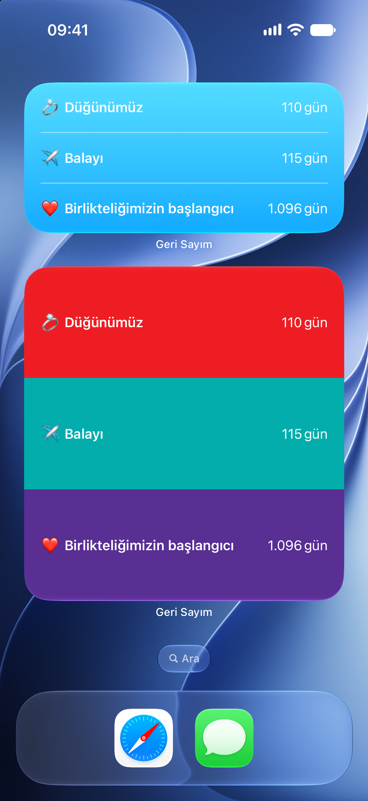 iPhone Ana Ekranında düğüne ve balayına geri sayım yapan Geri Sayım araç takımları.
