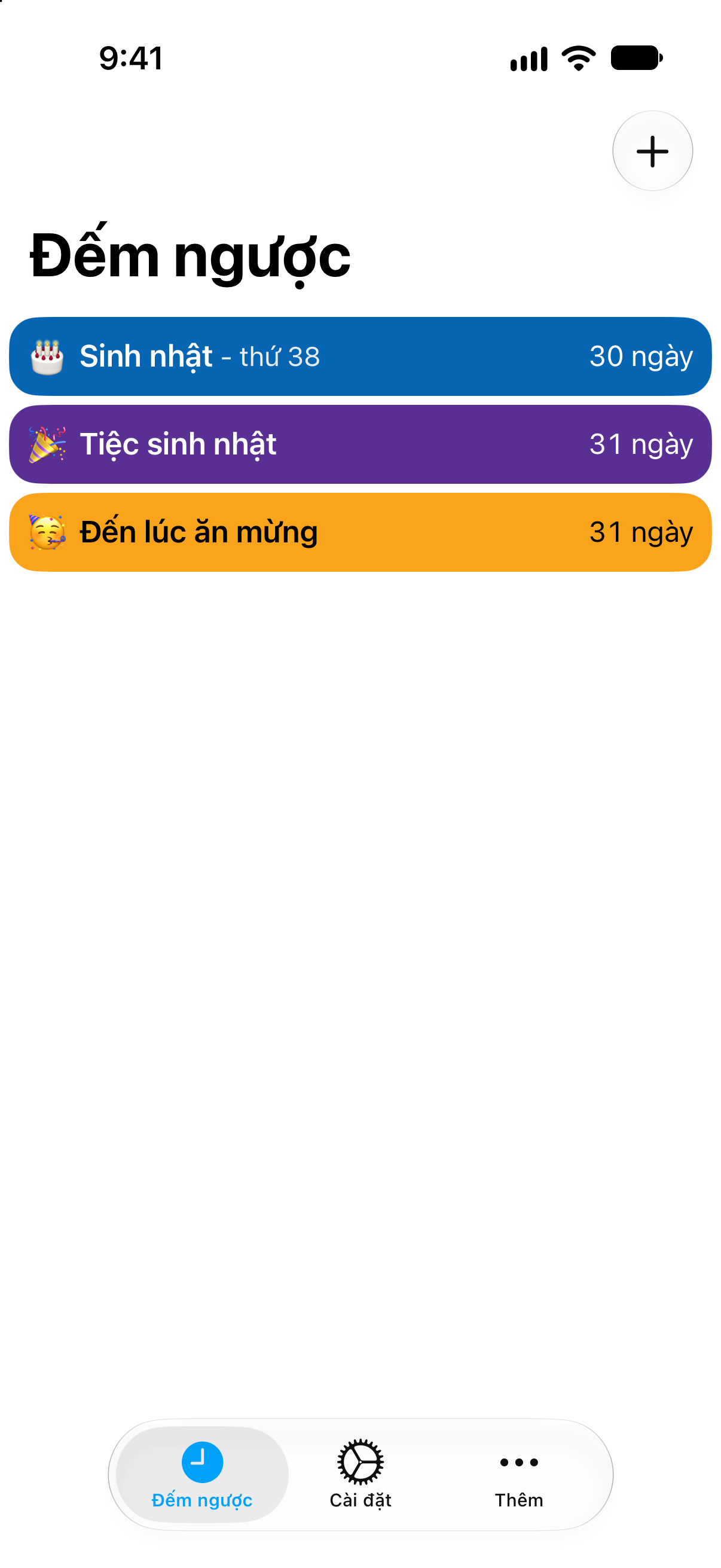 Đếm ngược — Đếm ngược đến sinh nhật. Danh sách đếm ngược chi tiết với thời gian còn lại.