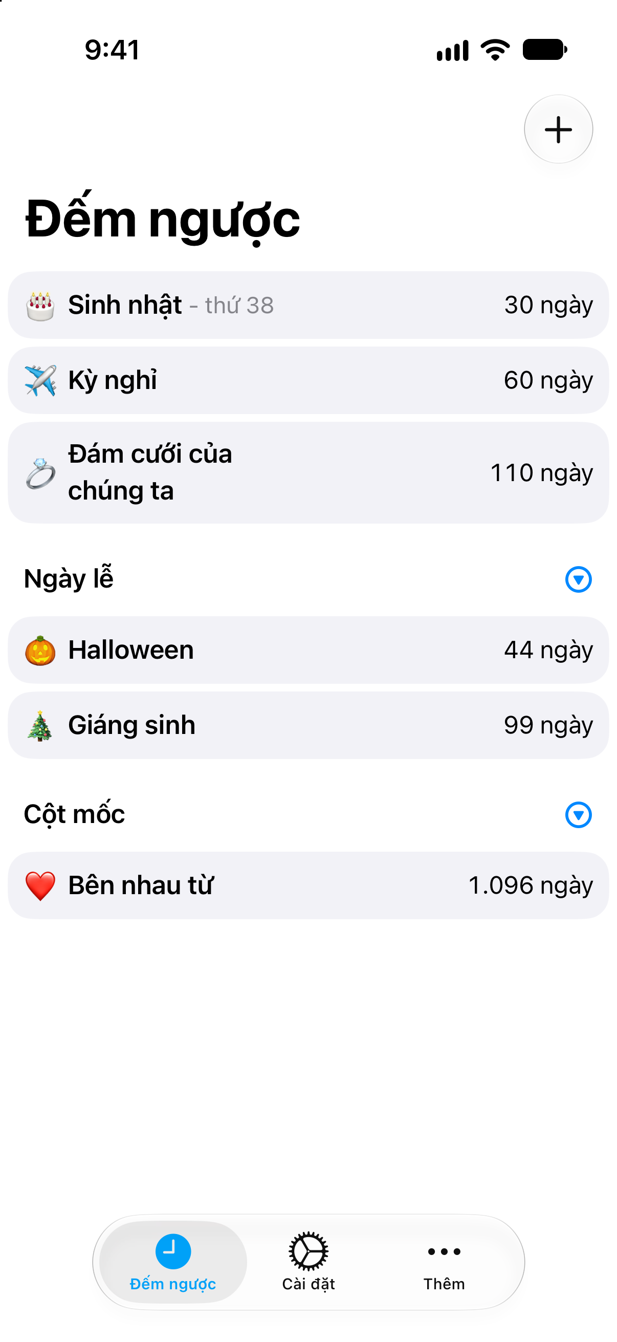 Đếm ngược — Danh sách thu gọn gồm nhiều sự kiện.
