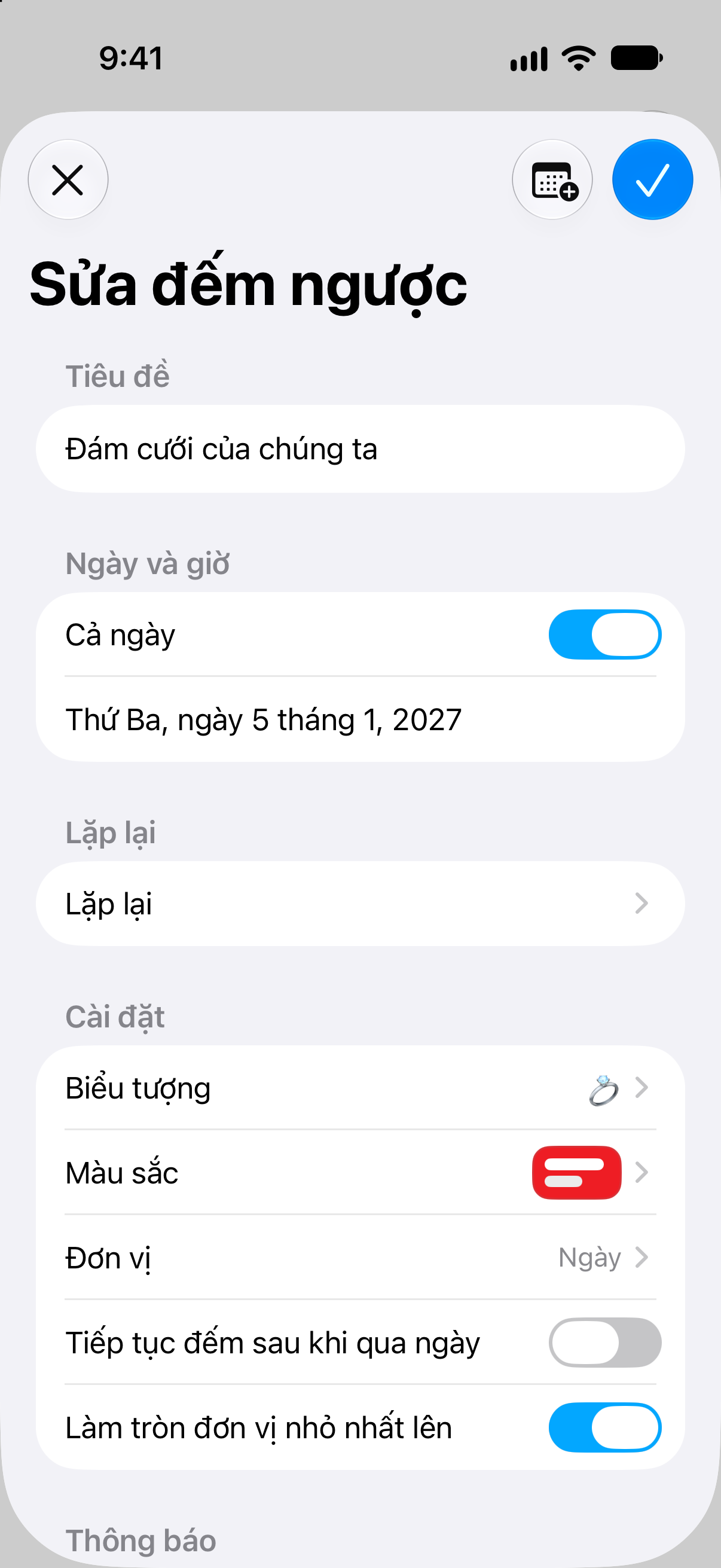 Đếm ngược — Chỉnh sửa tên, ngày và tùy chọn đếm ngược.