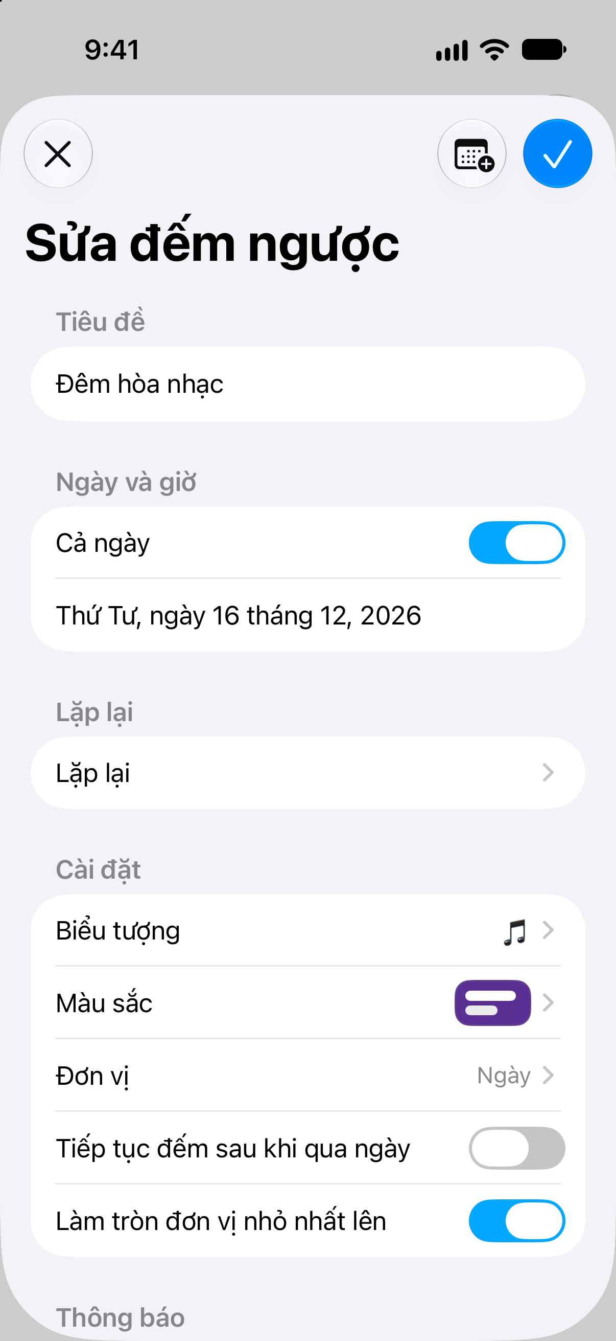 Đếm ngược — Đếm ngược đến sự kiện. Chỉnh sửa tên, ngày và tùy chọn đếm ngược.