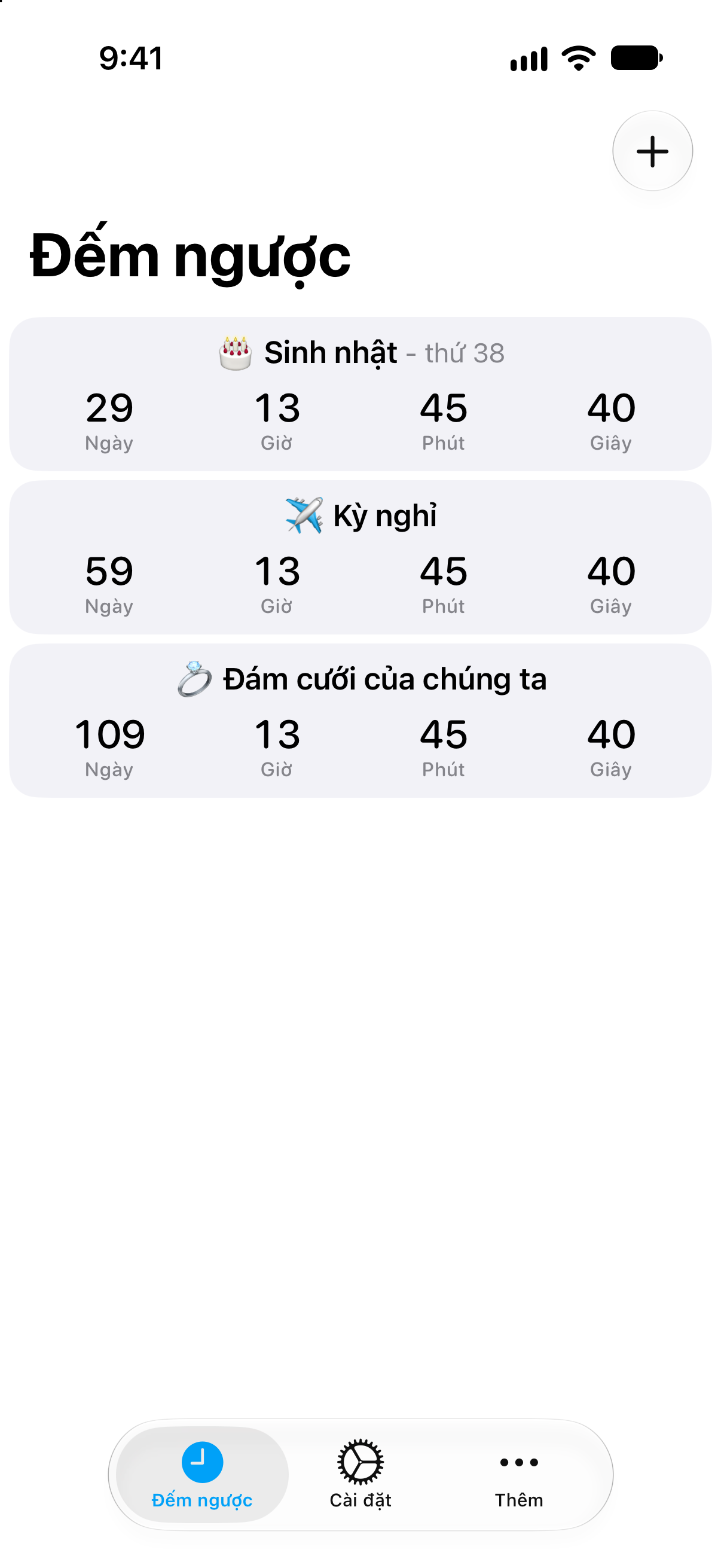 Đếm ngược — Danh sách đếm ngược chi tiết với thời gian còn lại.