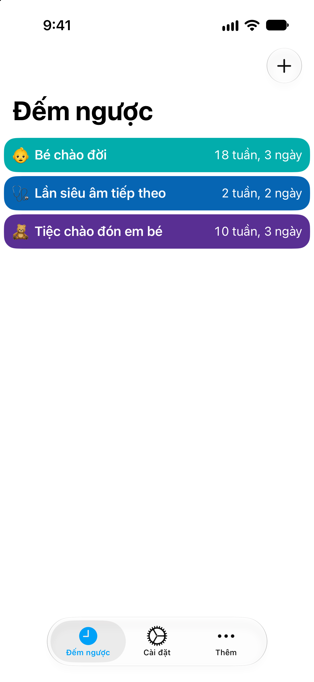 Đếm ngược — Đếm ngược đến ngày sinh em bé. Danh sách đếm ngược chi tiết với thời gian còn lại.
