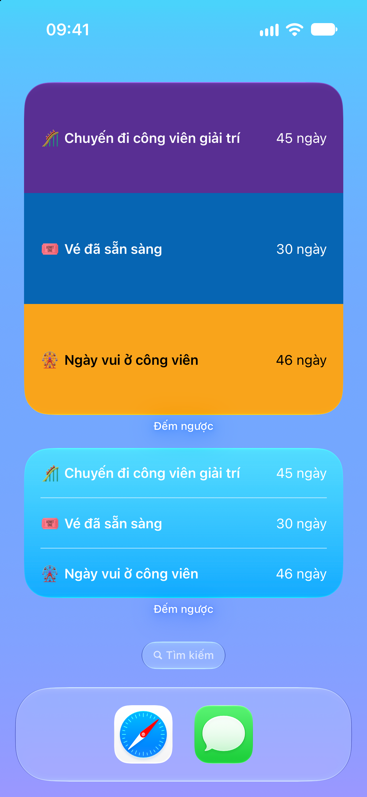 Đếm ngược — Đếm ngược đến chuyến đi công viên giải trí. Tiện ích Màn hình chính với các sự kiện sắp tới.